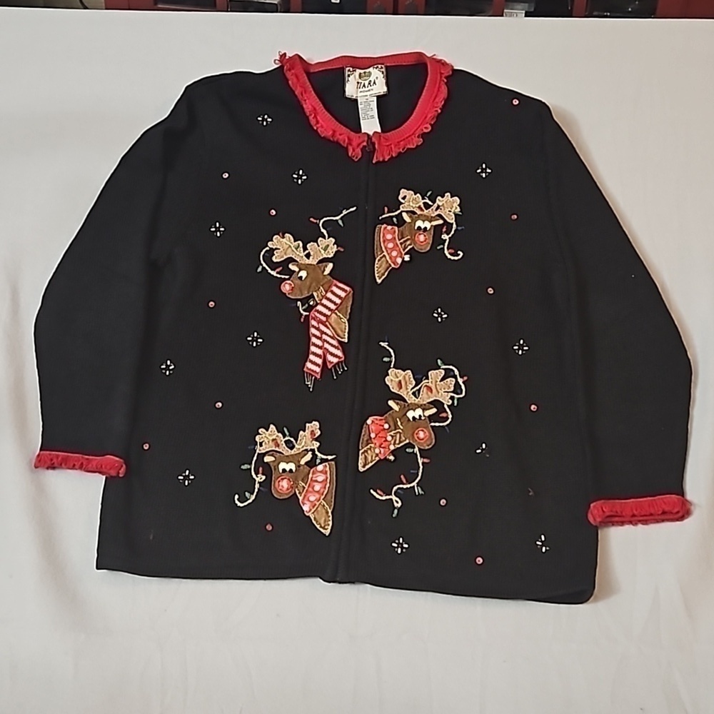 Ugly Cristmas Tiara Reindeer Holiday  Zip Sweater sz 1X